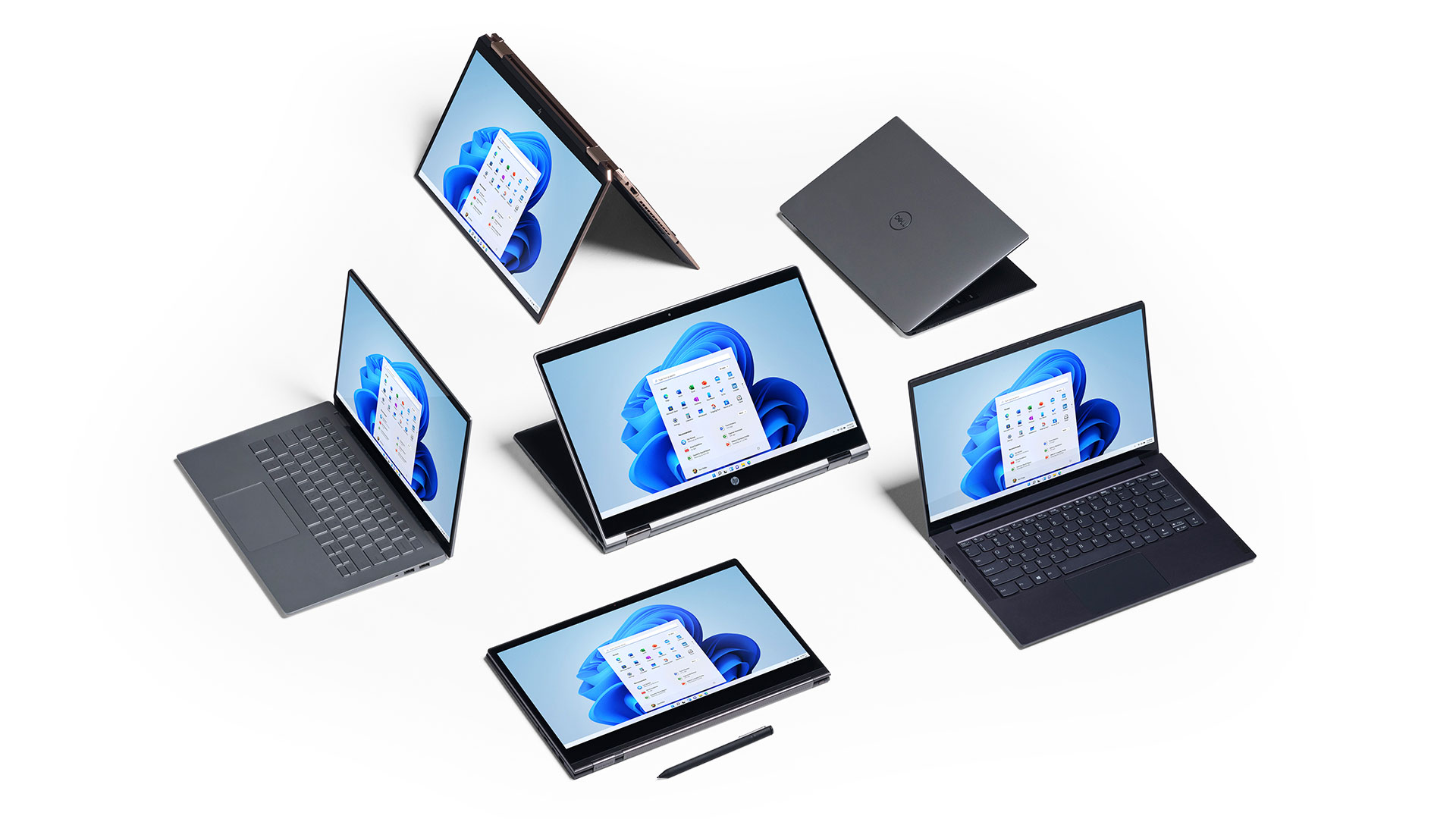 6 компьютеров Windows 11 в ряд