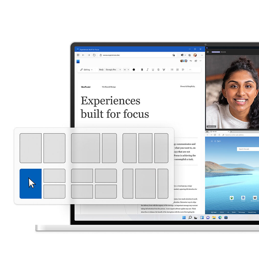 Три приложения на экране, прикрепленные с помощью функции Snap Windows 11